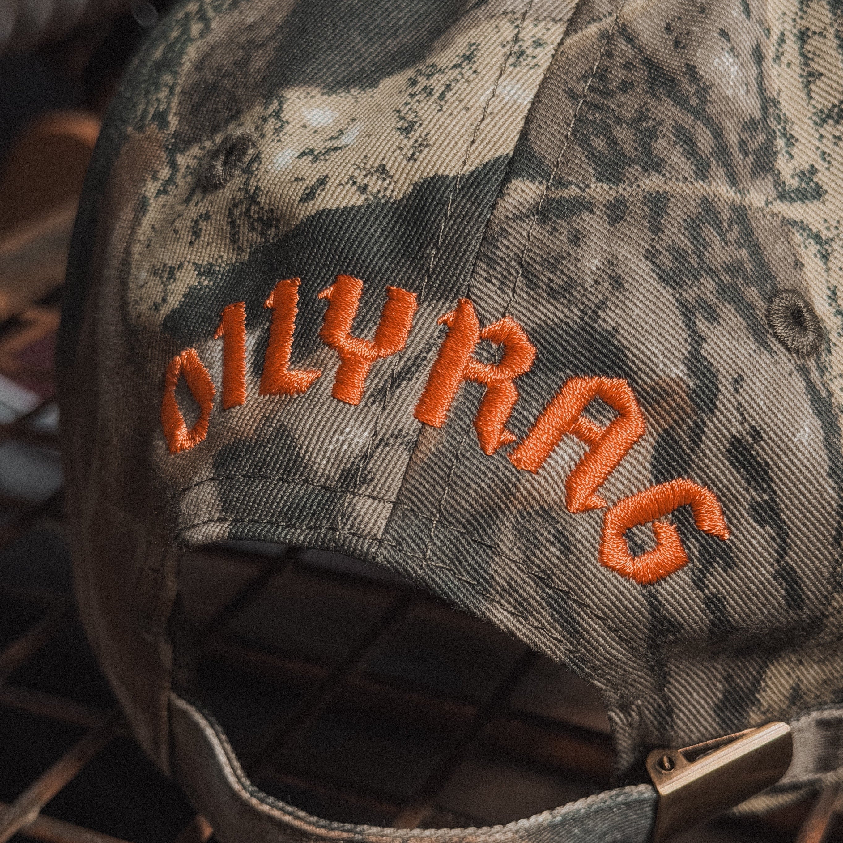 Oily Rag Camo Blackletter Cap - rear embroidery detail