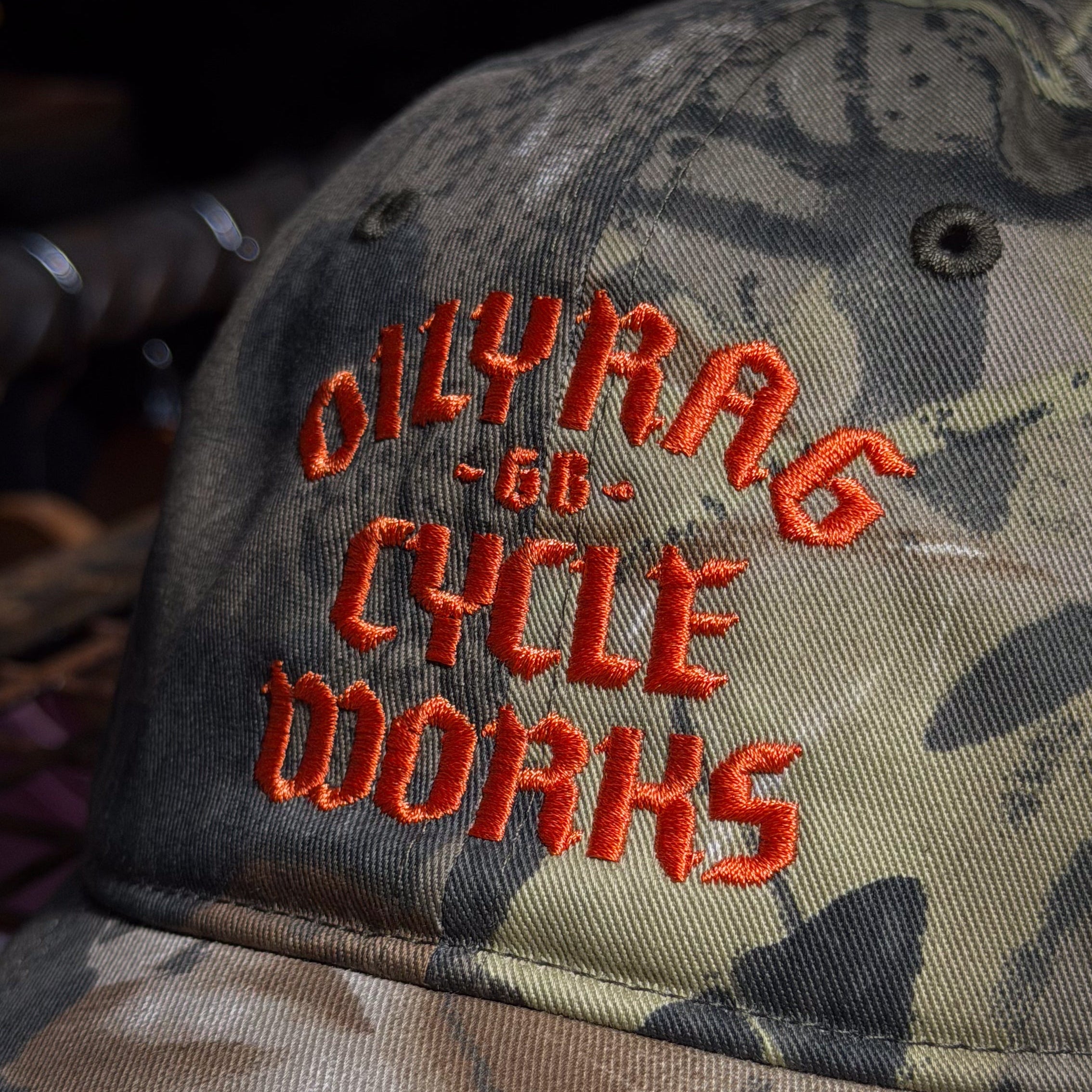 Oily Rag Camo Blackletter Cap - side embroidery detail
