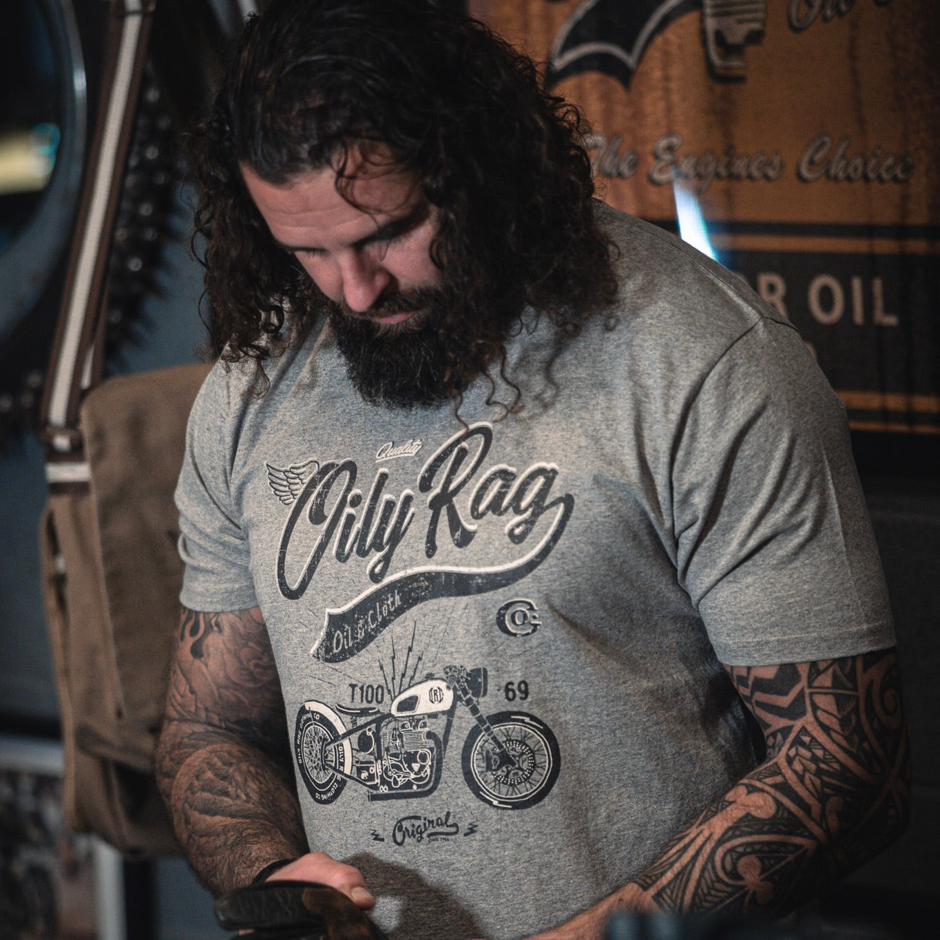 beard, biker, motorcycle, bobber, triumph, tattoo sleeve