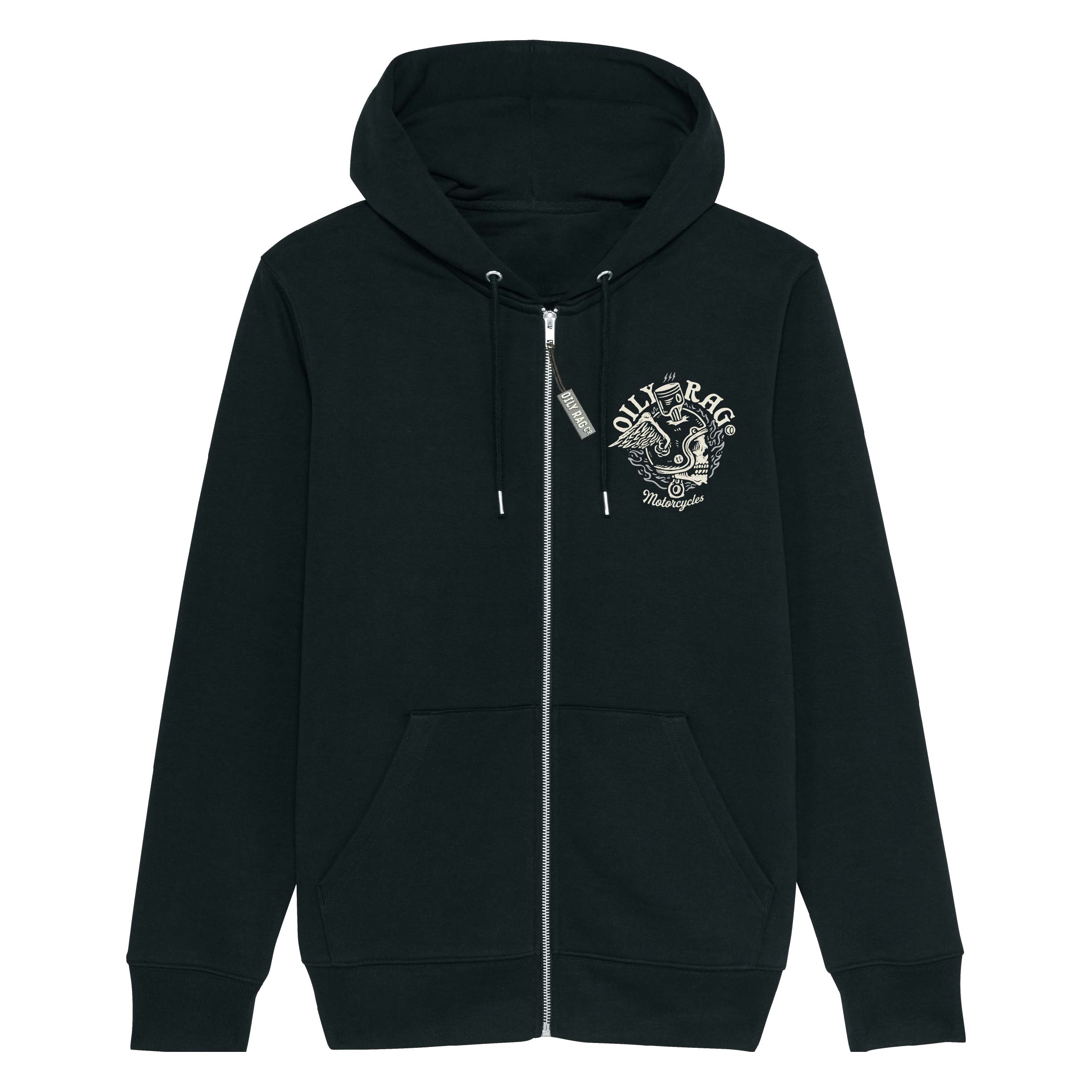 Flaming Skull Helmet Zip-Thru Hoodie - Back Print - Unisex - Black | Oily Rag Co
