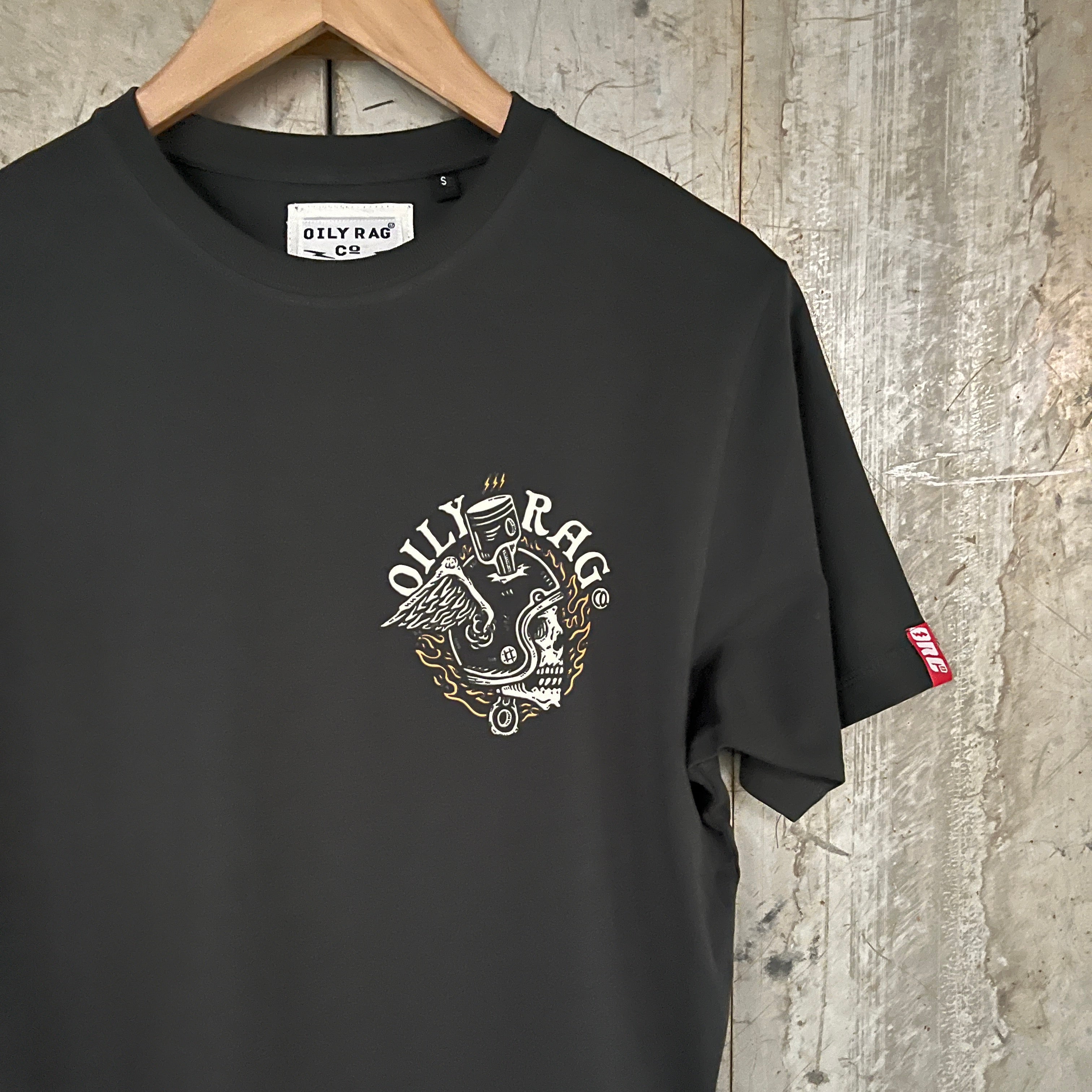 Flaming Helmet Skull T-Shirt - Ash Black