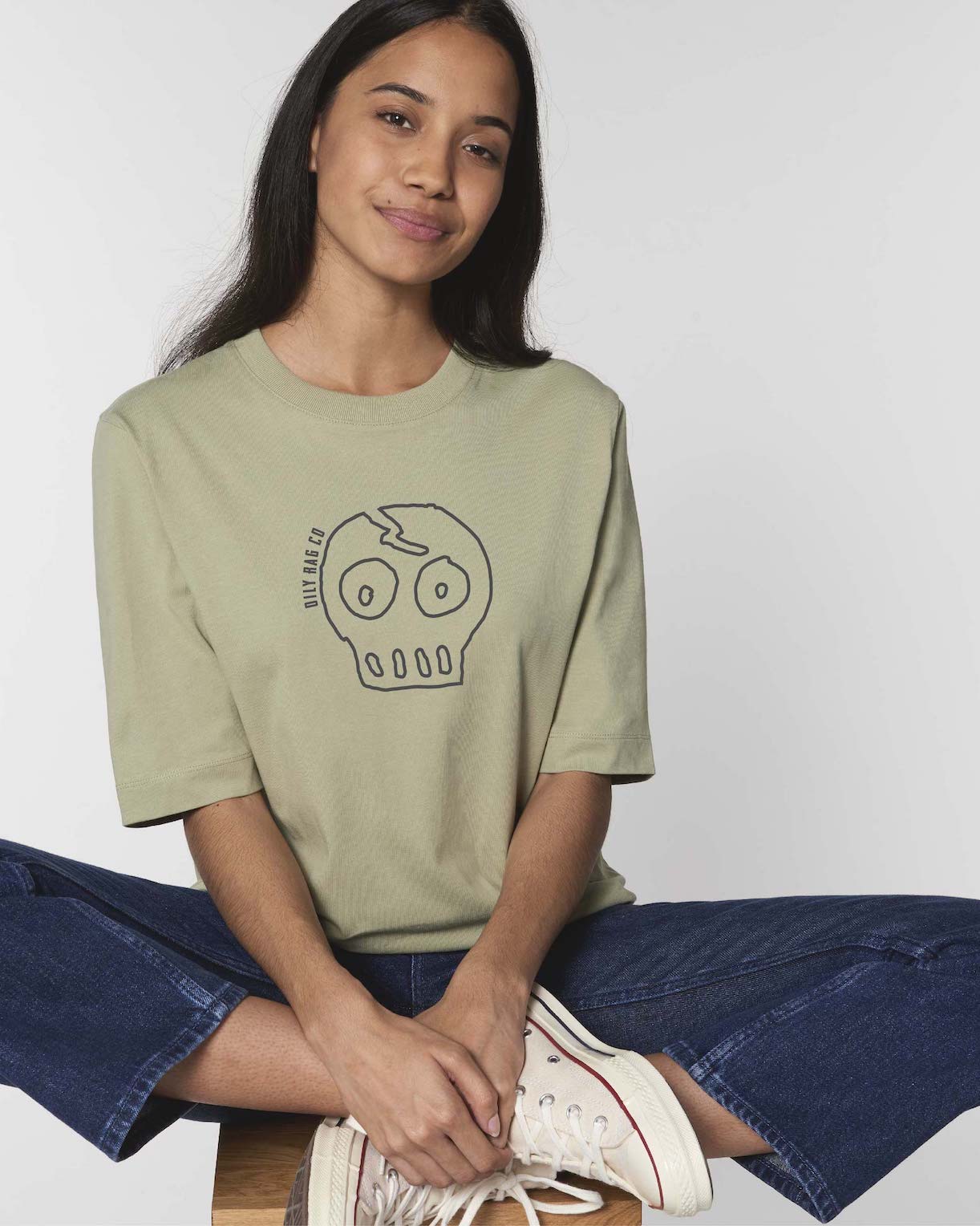 retro tshirt, jeans, girl fashion, women's top, skull design, mint, sage