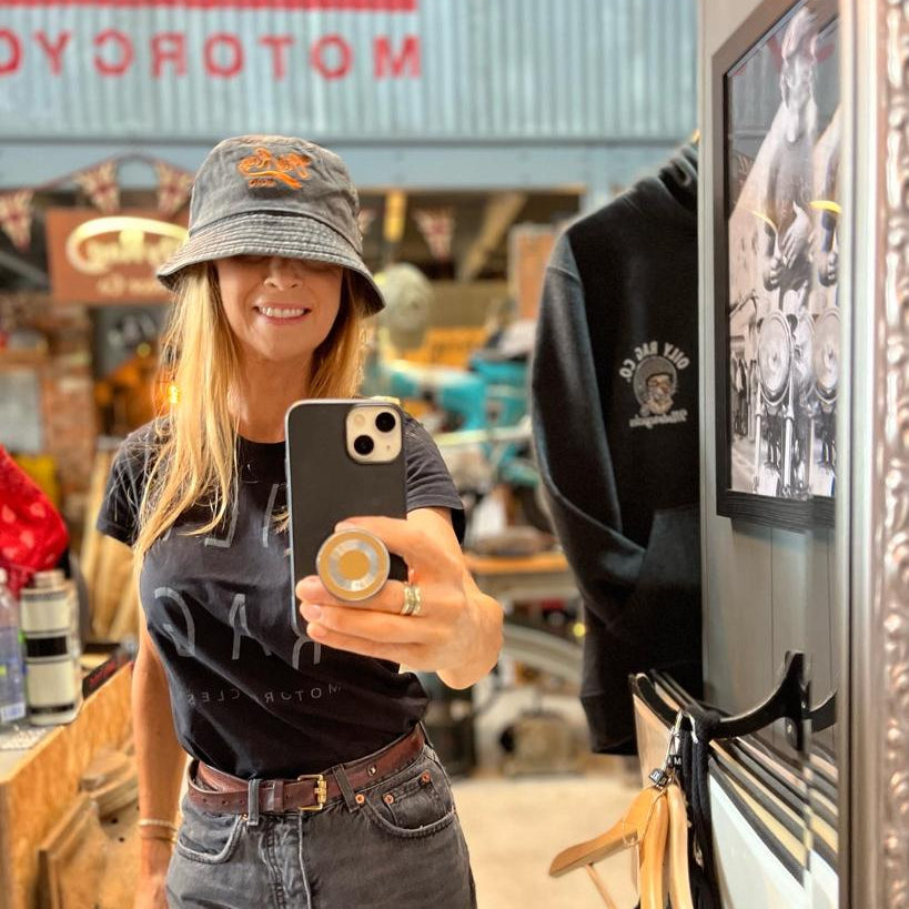 headwear, tshirt, iPhone, biker girl, hat,