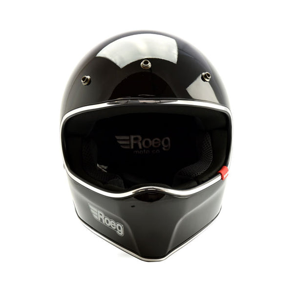 ROEG Peruna full face motorcycle helmet. Gloss black with peak.