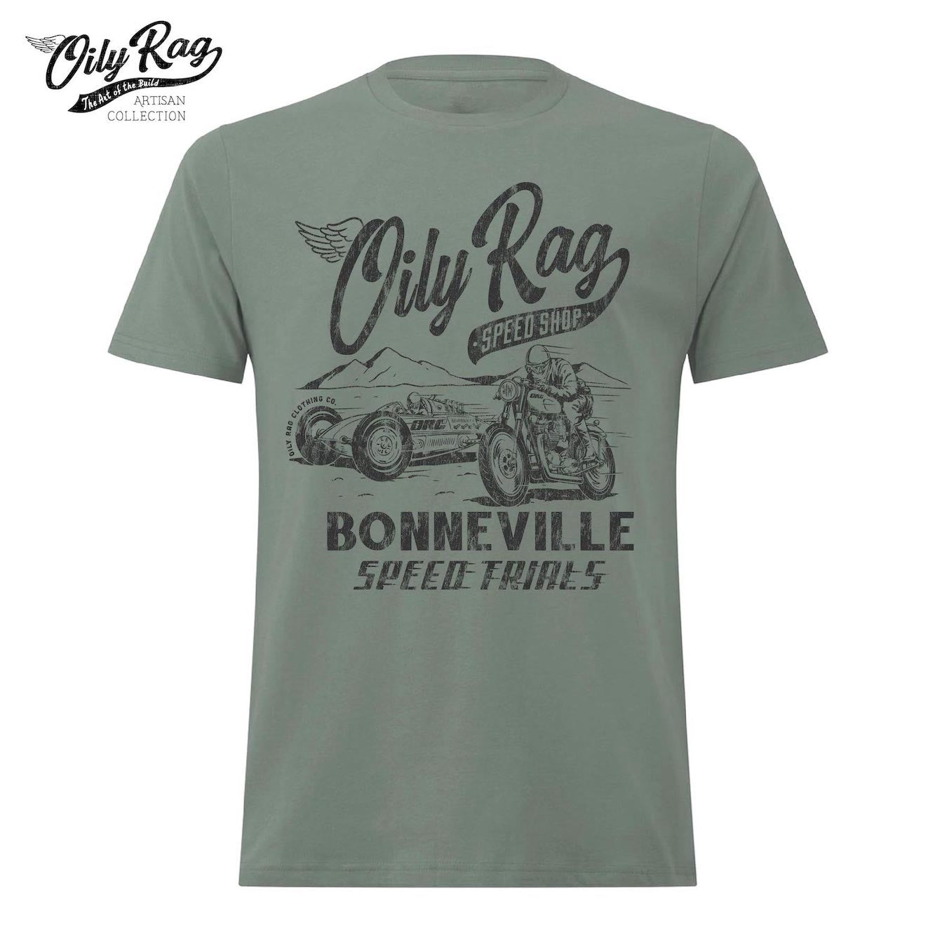 Bonneville Speed Trials Racer Artisan T-shirt - Rustic Green | Oily Rag Co