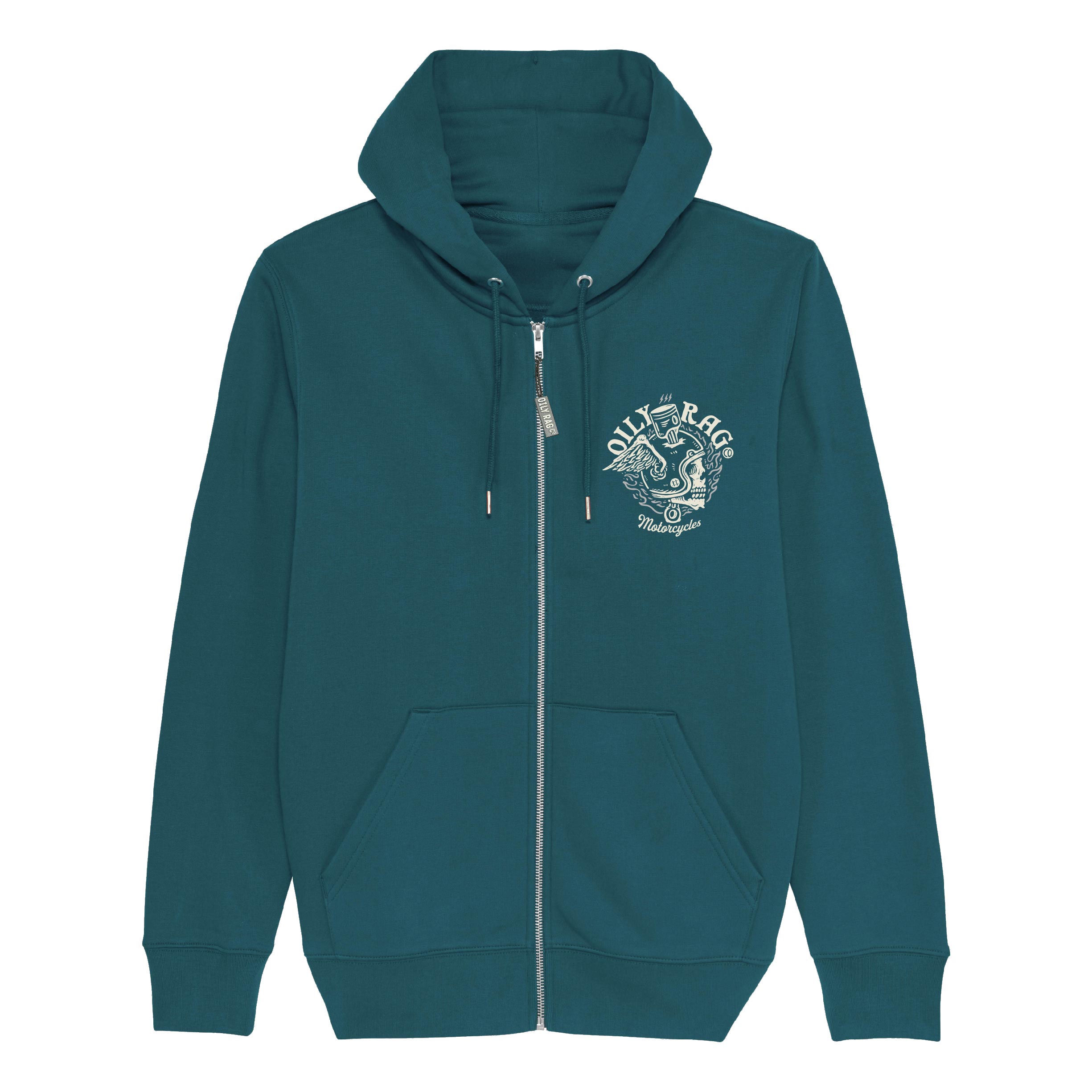 Flaming Skull Helmet Zip-Thru Hoodie - Back Print - Unisex - Teal