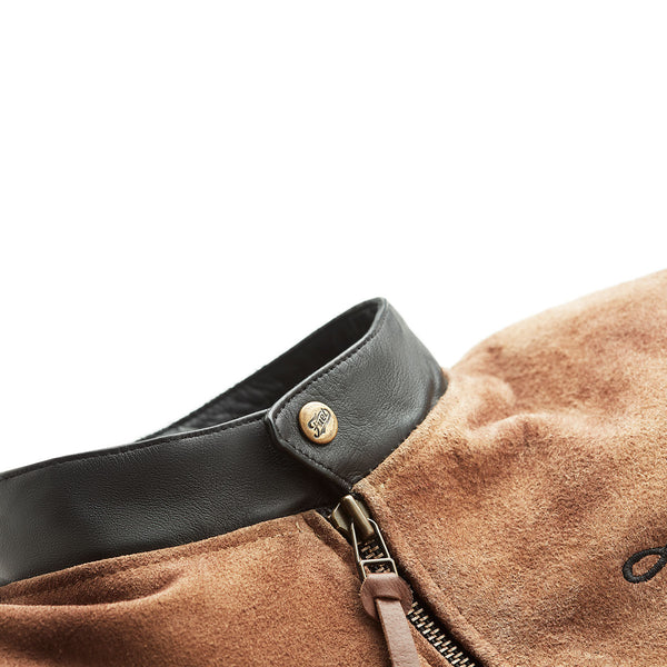 popper collar leather zip black tan 