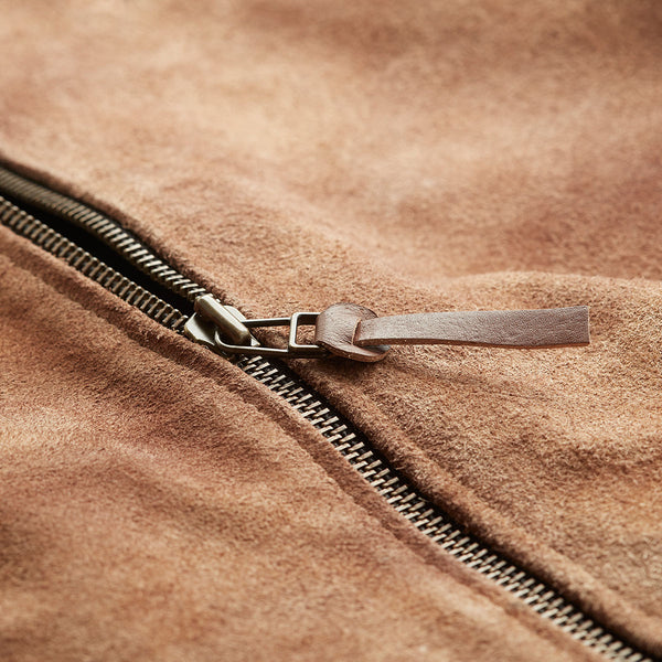 zipper, zip fastening, tan suede leather