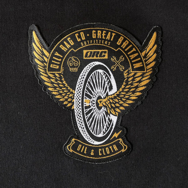 woven badge, wings, motorcycle wheel, crest