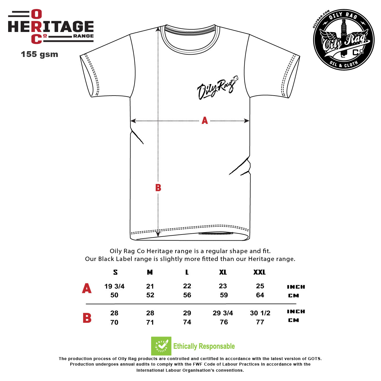 Tshirt size chart, sizing diagram, heritage range, menswear