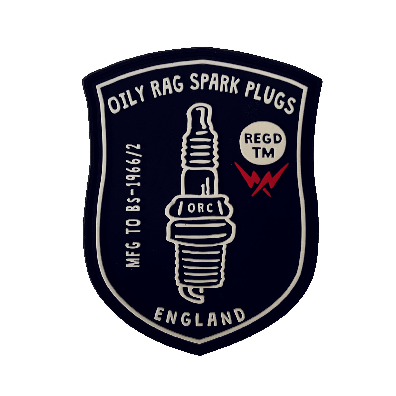 Oil Rag Co. Spark Plug sew on PVC rubber badge | Oily Rag Co