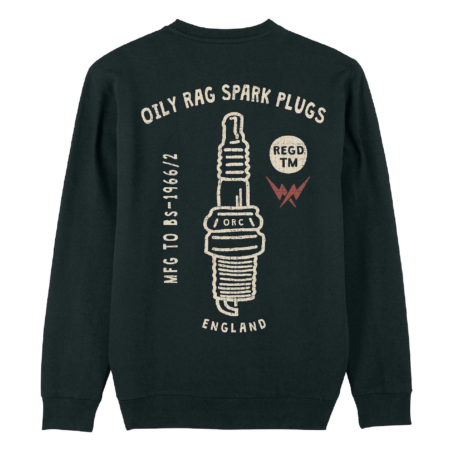 Spark Plug Crew Neck Sweatshirt - Black - Print Design Back & Front | Oily Rag Co