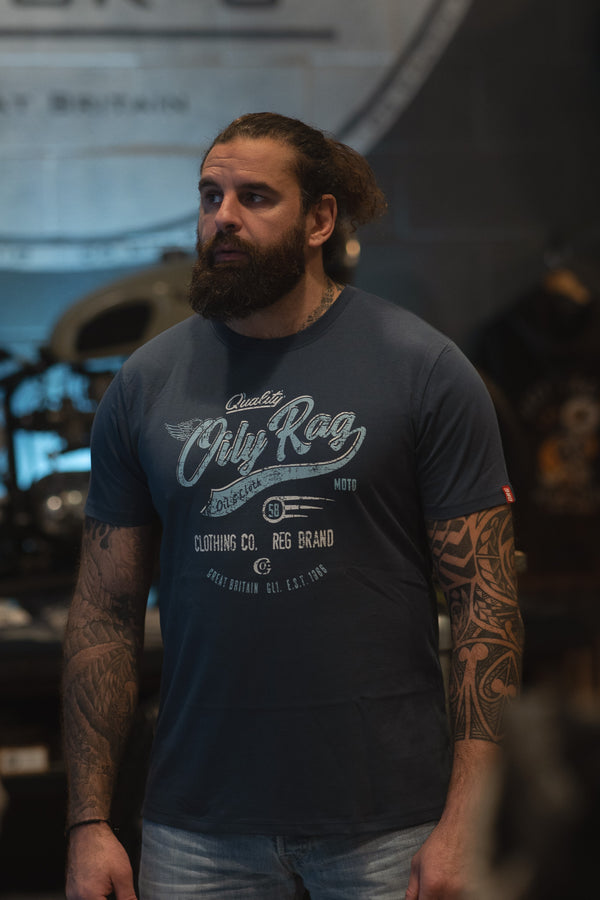 Oily Rag Co Moto Brand T-shirt - Denim Blue
