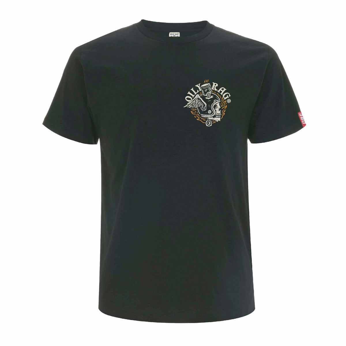 Flaming Helmet Skull T-Shirt - Ash Black - Black Label Collection | Oily Rag Co