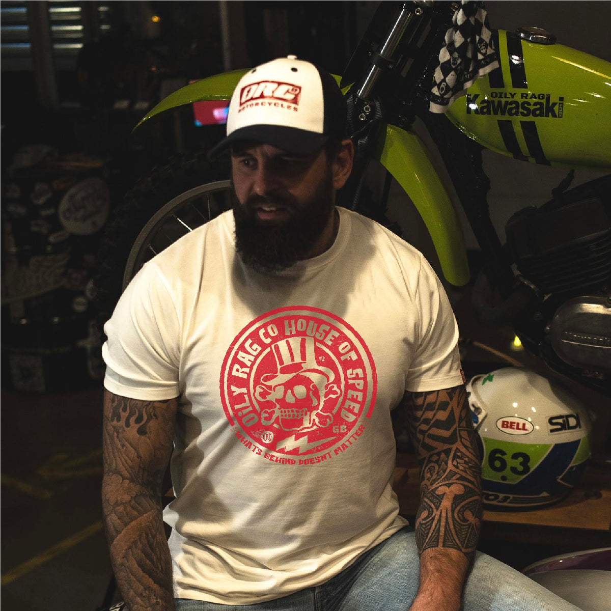 white tshirt, mens top, cotton teshirt, red print, tophat, biker, cap, motorcycle, biker, 