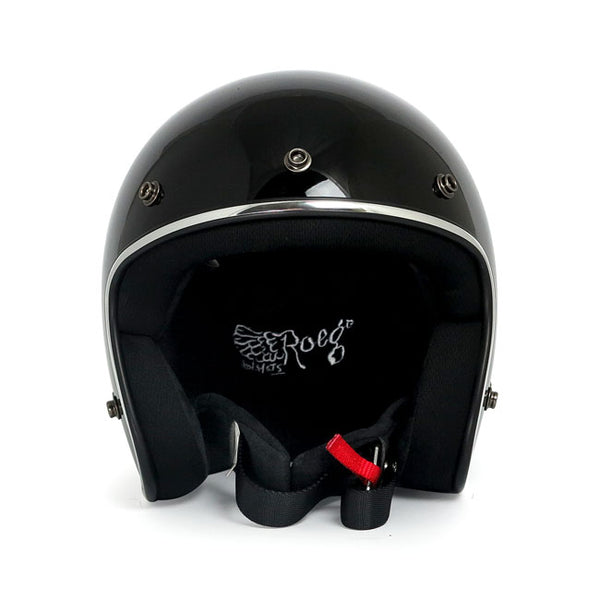 open face motorcycle helmet, gloss black, cafe racer, open face
