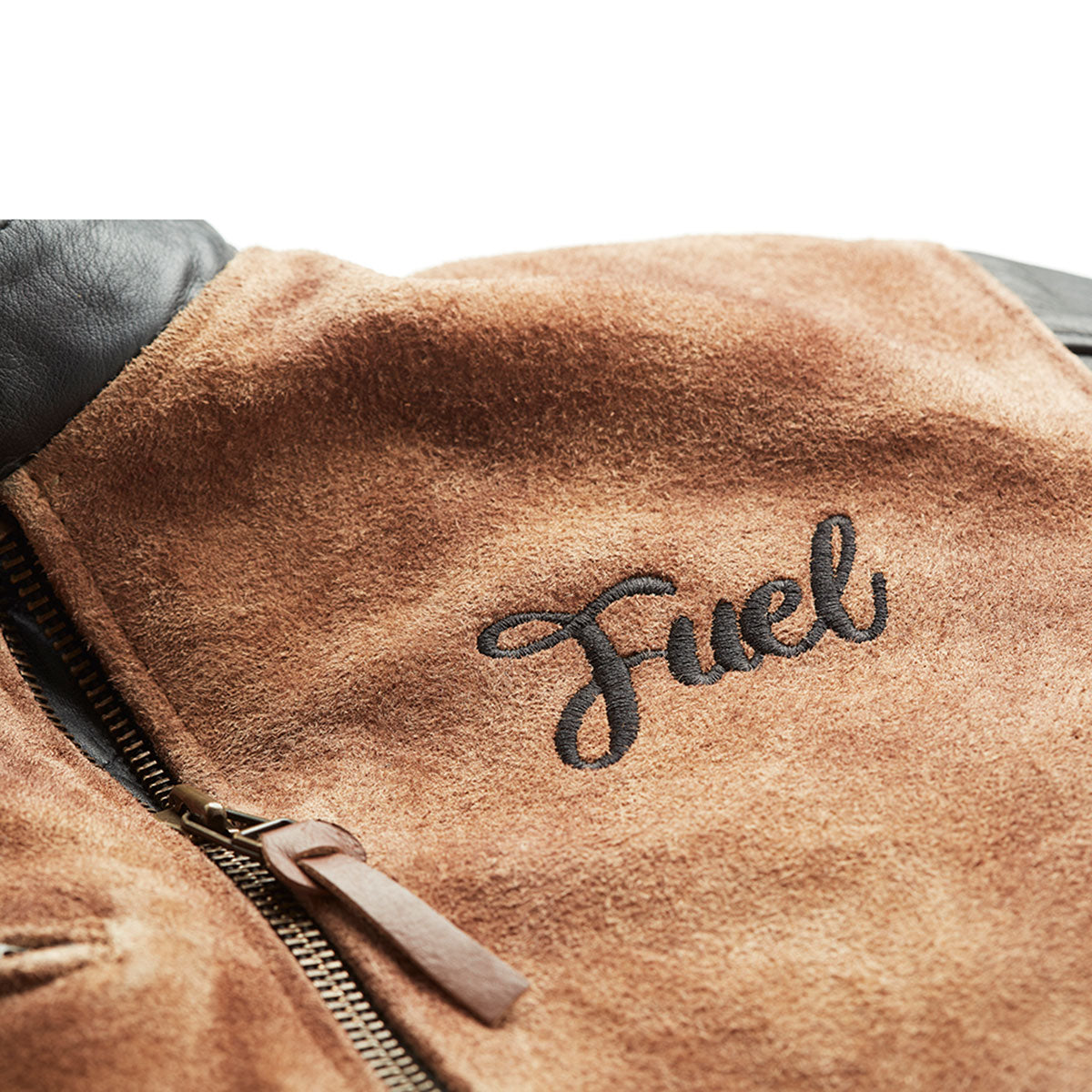 tan suede black leather zip up riding jacket