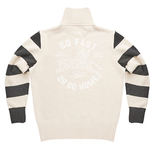 ecru, sweater, mens jumper, back print, stripes, knitwear, biker gear