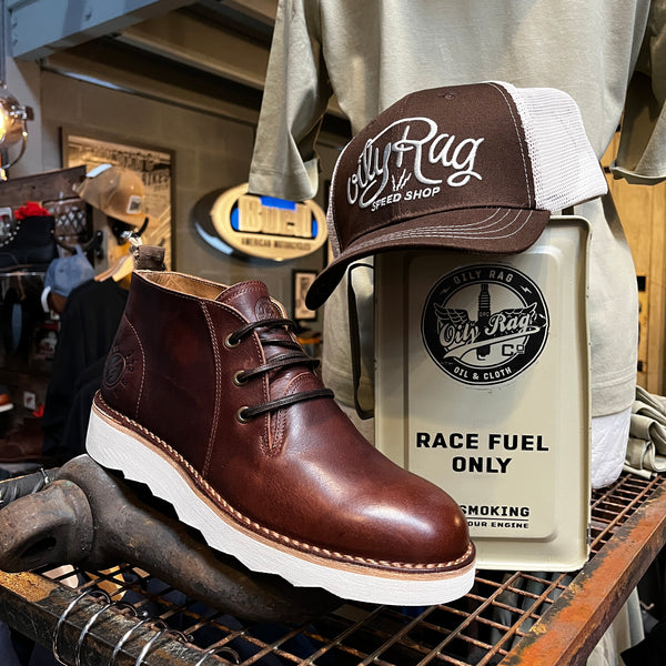 white sole, mens ankle boot, cap, brown leather, fuel, motorbike, racer, oil can
