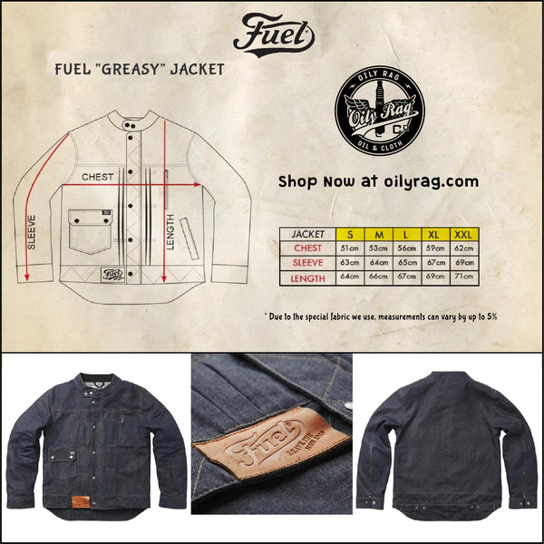 fuel denim greasy jacket, motorbike clothing, size chart